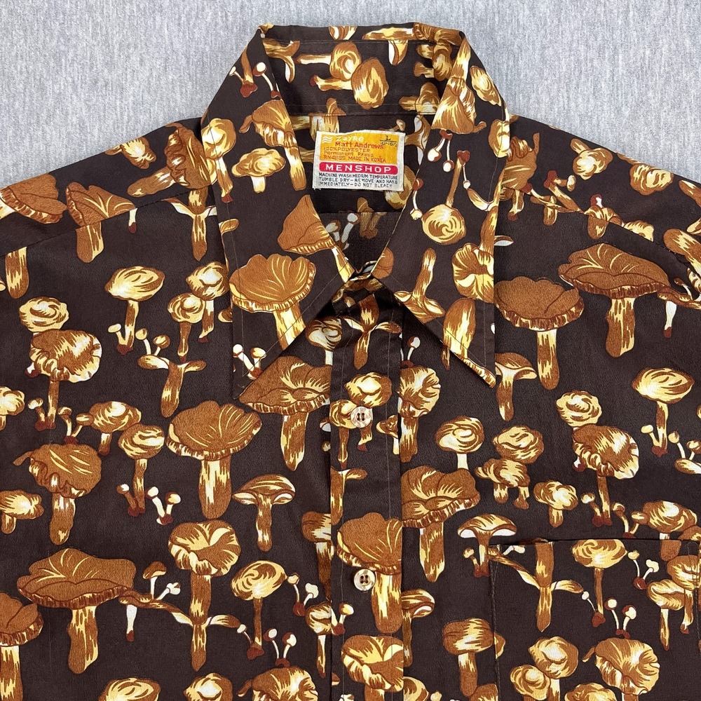 Vintage Mushroom Disco Shirt Mens M Brown Shroom Long Sleeve Polyester 70s Korea